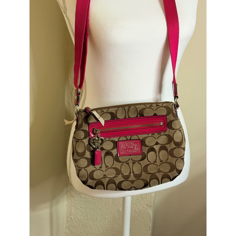 Coach Signature File Bag Khaki Pink Canvas Leather Crossbody Handbag F19190
